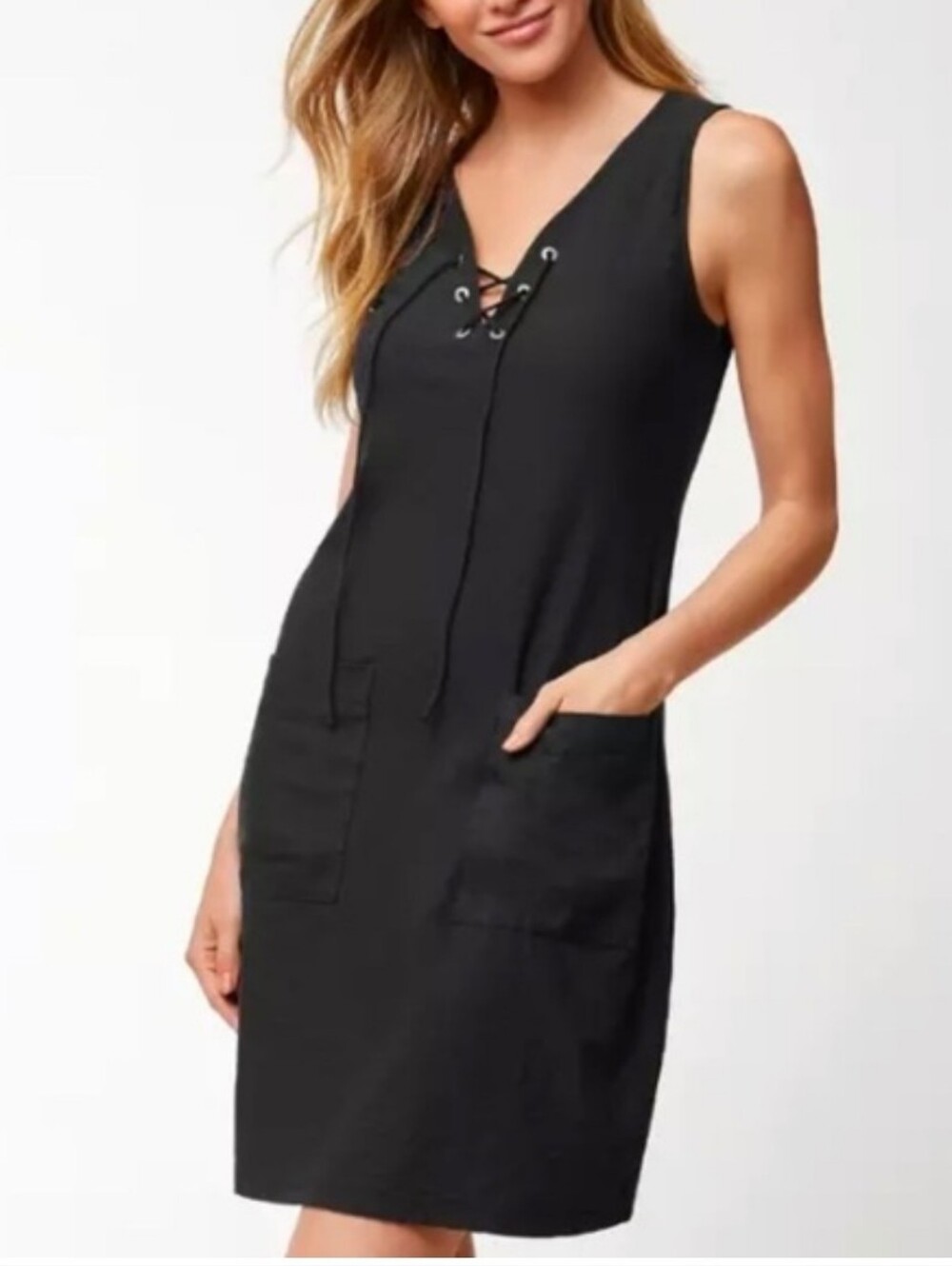 Tommy Bahama Island Cays Jersey Lace-Up  Dress With Big Linen Pocket - Black
